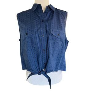 Vtg 80s 90s Lauren Ralph Lauren Top Women's Button Up Sleeveless Blue 16 Preppy